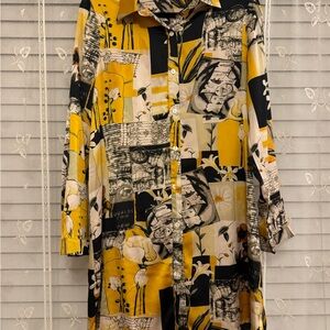 FASHION NOVA | YELLOW & BLACK PRINT SATIN BUTTON UP DRESS SHIRT | SMALL/MEDIUM